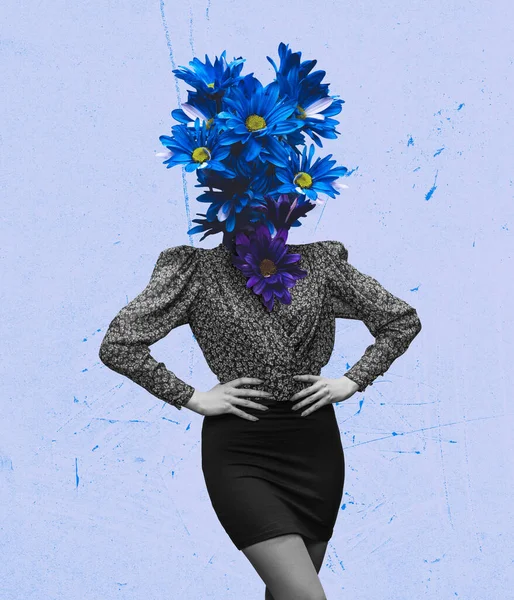 Κολάζ σύγχρονης τέχνης, μοντέρνος σχεδιασμός. Ρετρό στυλ. Γυναικείο σώμα με επικεφαλής τα ανθισμένα λουλούδια. Σουρεαλισμός — Φωτογραφία Αρχείου