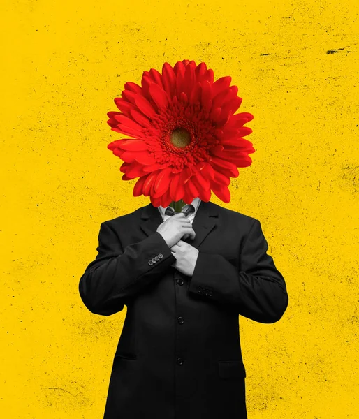 Samtida konstcollage, modern design. Retrostil. Ung stilig man ledd av röd Gerbera blomma. Surrealism — Stockfoto
