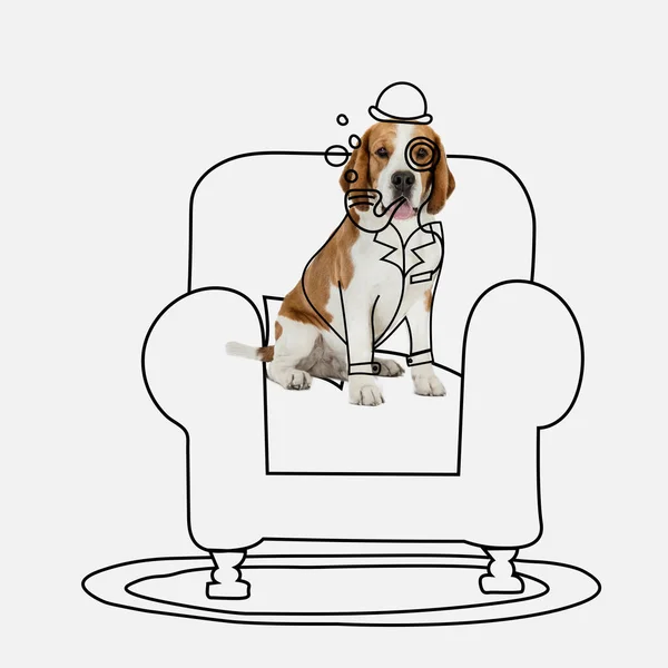 Σύγχρονη τέχνη. Ένα χαριτωμένο σκυλί, Beagle κάθεται και καπνίζει πίπα απομονώνονται σε λευκό φόντο στούντιο. — Φωτογραφία Αρχείου