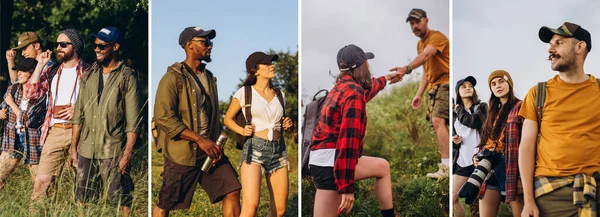 Imagen compuesta de fotos de grupo de amigos, hombres y mujeres jóvenes caminando juntos en el bosque de verano, prado. Estilo de vida, amistad, naturaleza — Foto de Stock