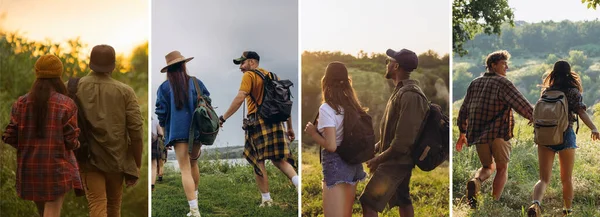 Image composite de photos de groupes d'amis, jeunes hommes et femmes marchant ensemble dans la forêt d'été, prairie. Mode de vie, amitié, nature — Photo