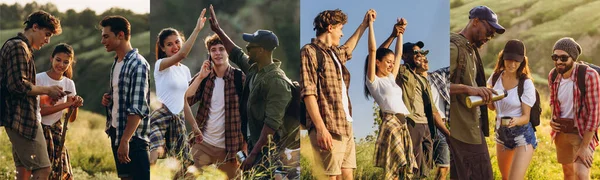 Samengesteld beeld van foto 's van groep vrienden, jonge mannen en vrouwen die samen wandelen in het zomerwoud, weide. Lifestyle, vriendschap, natuur — Stockfoto