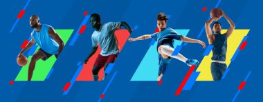 Spor kolajı. Çok ırklı erkekler, profesyonel basketbol ve futbol oyuncuları parlak renkli geometrik arka planda izole edilmiş.