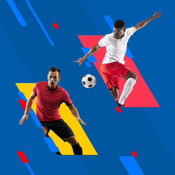 Collage deportivo. Dos hombres, futbolistas profesionales en acción aislados sobre fondo geométrico de colores brillantes. — Foto de Stock