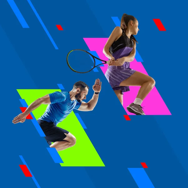 Αθλητικά κολάζ. Νεαρός άνδρας και γυναίκα, επαγγελματίες αθλητές σε δράση απομονωμένοι σε φωτεινό πολύχρωμο γεωμετρικό υπόβαθρο. — Φωτογραφία Αρχείου