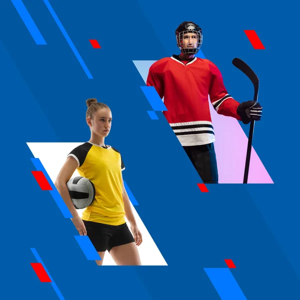 Sport-Collage. Junge Männer und Frauen, Profisportler posieren isoliert auf leuchtend buntem geometrischem Hintergrund. — Stockfoto