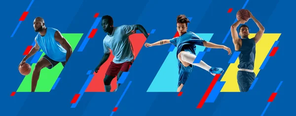 Sport collage. Multiethnic men, professional basketball and football players in action isolated on bright colorful geometric background. — Stock Photo, Image