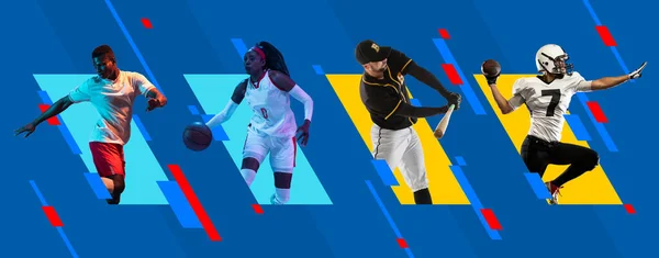 Sport kollázs. Többnemzetiségű emberek, profi sportolók akcióban elszigetelt fényes színes geometriai háttér. — Stock Fotó