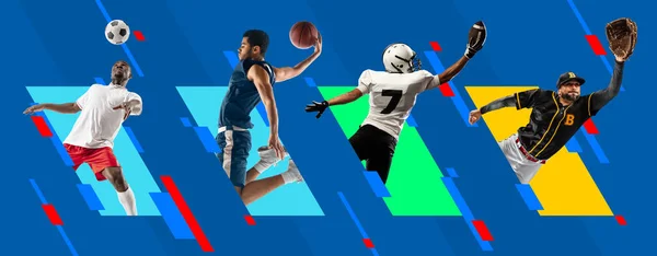 Collage sportif. Hommes multiethniques, joueurs professionnels de basket-ball et de football en action isolés sur fond géométrique coloré lumineux. — Photo