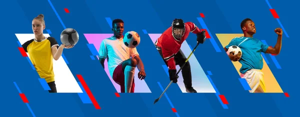 Sport collage. Multiethnic people, professional athletes in action isolated on bright colorful geometric background. — Stock Photo, Image