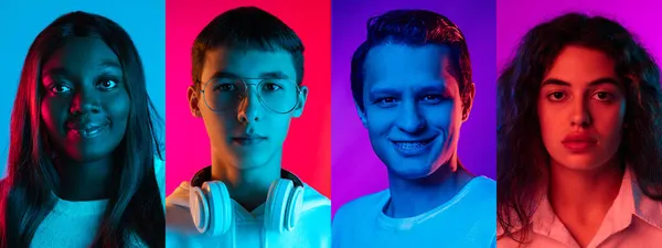 Női és férfi arcok kollázsa, elszigetelve a színes neonháton. Az egyenlőség fogalma, valamennyi nemzet, korosztály és érdek egyesítése — Stock Fotó