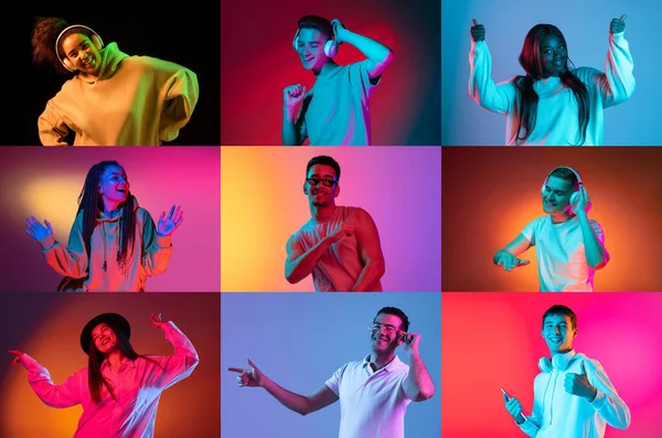 Koláž z tančících mužských a ženských modelů izolovaných na barevném pozadí v neonovém světle. Koncept rovnosti, sjednocení všech národů, věku a zájmů — Stock fotografie
