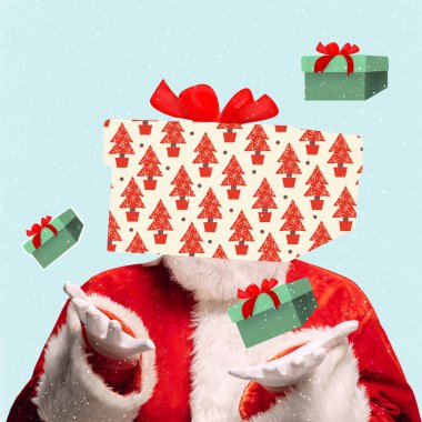 Geleneksel Noel Baba büyük bir hediye kutlaması yapıyor. Yeni yıl ve 2022 Noel kutlaması. Çağdaş sanat çalışmaları.