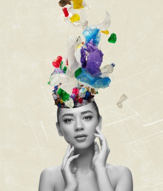 Modern tasarım, çağdaş sanat kolajı. İlham, fikir, modaya uygun şehir dergisi tarzı. Kaos, kadınların karmaşası. Kafaları hafif arka planda.