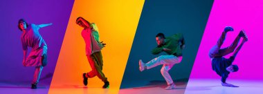 Genç sporcularla kolaj, break dans, hip hop dansçıları neon renkli arka planda izole edilmiş günlük kıyafetlerle pratik yapıyorlar.