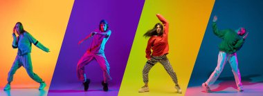 Genç sporcu erkek ve kızlarla kolaj, break dans, hip hop dansçısı, renkli arka planda izole edilmiş hareket