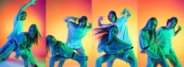 İki dansçının görüntülerinden oluşan birleşik görüntü, genç bir kız ve erkek, neon ışıklı arka planda hip-hop dansı yapıyorlar..