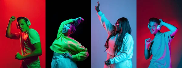 Koláž z portrétů skupiny meltiethnických lidí, tančících izolovaně na pestrobarevném pozadí v neonovém světle — Stock fotografie