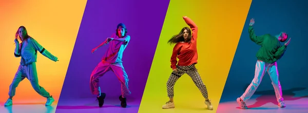 Kolaż z młodych sportowych mężczyzn i dziewcząt, break dance, hip hop tancerz w akcji, ruch izolowany ponad kolorowe tło w neonie — Zdjęcie stockowe