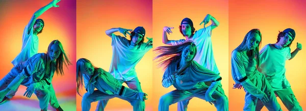 Composite image made of images of two dancers, young girl and boy dancing hip-hop on gradient multi colored background in neon light. — Stock Photo, Image