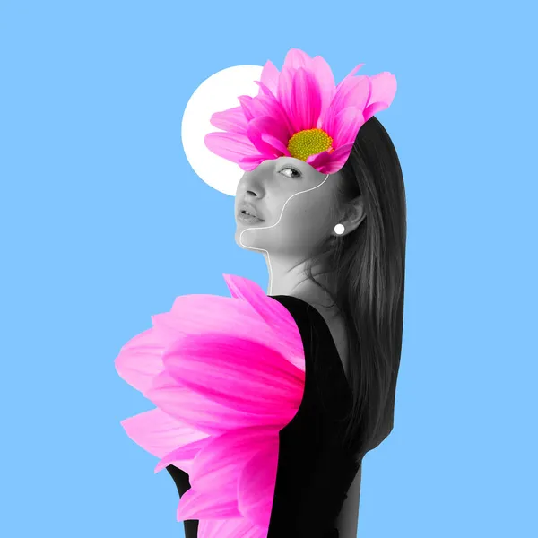 Collage de arte contemporáneo, diseño moderno. Estilo retro. Hermosa chica con flores en flor en su cabeza. Surrealismo —  Fotos de Stock