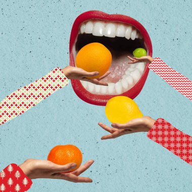 Human hands with oranges, lemons and open female mouth. Contemporary art collage