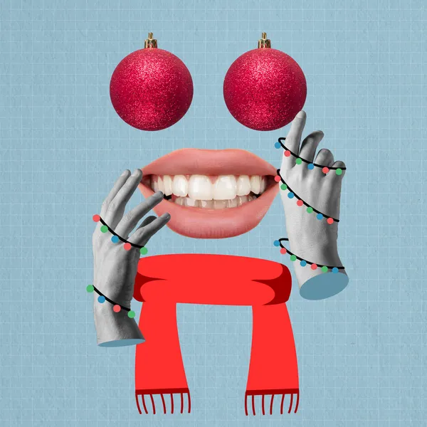 Contemporary art collage, design. Happy New Year greeting card. Concept of Christmas, 2022 Female mouth, hands and decorations balls as eyes — Stock Photo, Image