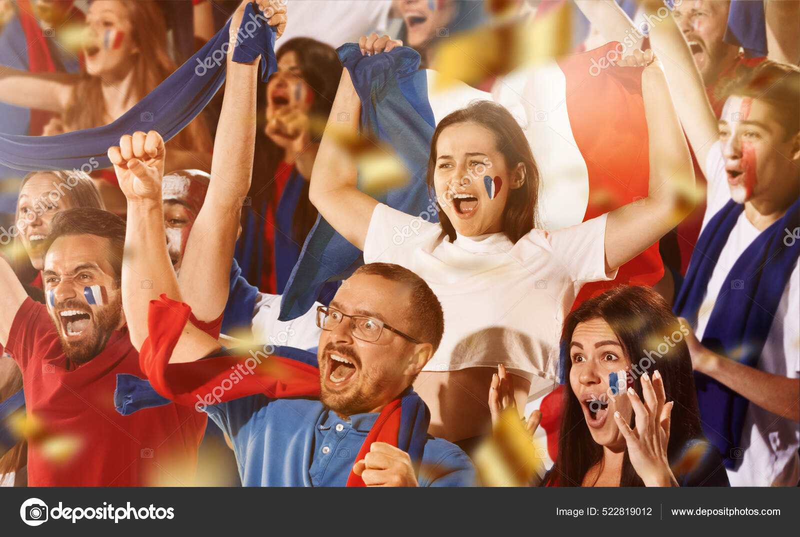 French excited football, soccer fans cheering their team with a red