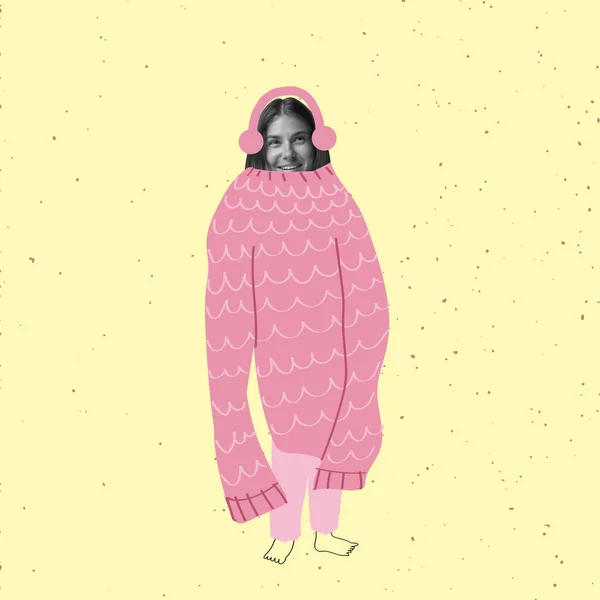 Μοντέρνος σχεδιασμός, κολάζ σύγχρονης τέχνης. Έμπνευση, ιδέα, μοντέρνο στυλ αστικού περιοδικού. Κορίτσι που φοράει ζεστό υπερμεγέθη πλεκτό πουλόβερ — Φωτογραφία Αρχείου
