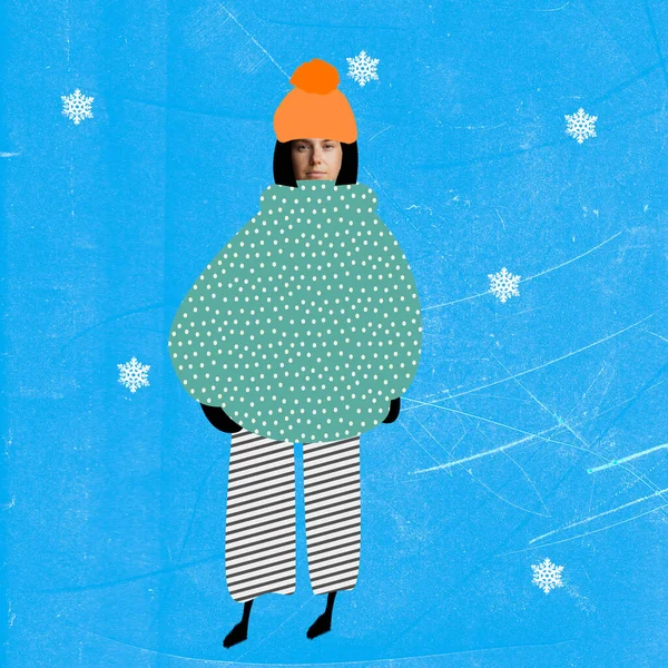 Modern tasarım, çağdaş sanat kolajı. İlham, fikir, modaya uygun şehir dergisi tarzı. Sıcak kışlık kıyafetler giyen kız. — Stok fotoğraf