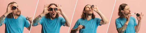 Collage de retratos de hombre joven, fotógrafo, camarógrafo con lente de cámara divirtiéndose aislado sobre fondo de estudio rosa. — Foto de Stock
