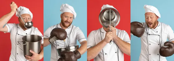 白种人红胡子年轻男子、厨师或厨师的画像拼贴。有趣的迷因情感概念 — 图库照片