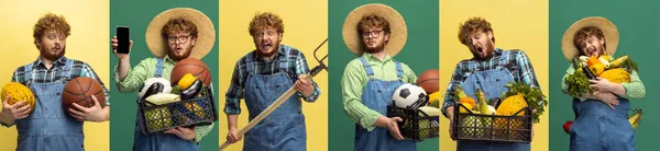 Set of funny portraits red-headed man, farmer with vegetables harvest standing isolated over green studio background. Collage — Stock Photo, Image