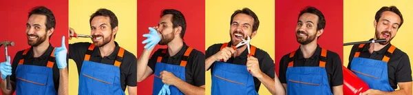 Collage. One young man, male auto mechanic in dungarees having fun isolated over yellow and red studio background — Stock Photo, Image