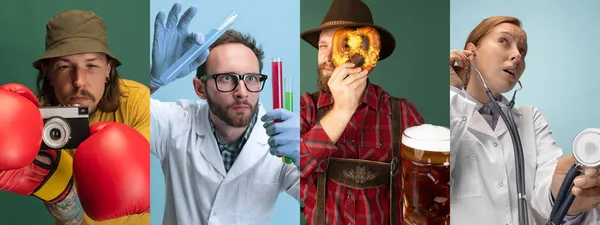 Колаж із зображень хіміка, офіціанта, лікаря та оператора ізольовано на зеленому та синьому фоні студії . — стокове фото