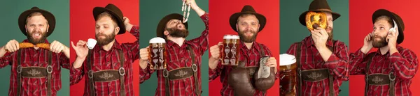 Koláž portrétů vousatého muže v tradičním bavorském kostýmu s klobásami a pivem. Oktoberfest, festival, koncepce tradic — Stock fotografie