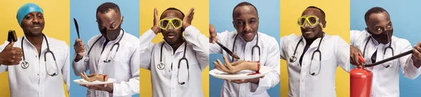Collage av närbilder av manliga läkare med galna utseende har kul isolerad på blå-gul bakgrund. Roliga meme känslor. — Stockfoto