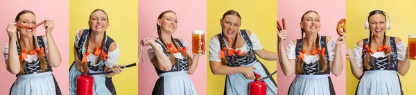 Collage aus Fotos von emotionaler Frau, Kellnerin in traditionellem bayerischem oder deutschem Dirndl, die isoliert auf gelbem Studiohintergrund schreit. — Stockfoto