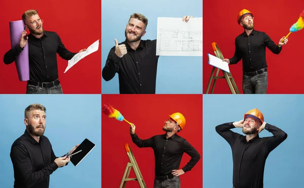 Komik sakallı adam portreleri, inşaatçı, tasarımcı ya da profesyonel ekipmanlı mimar. Kolaj, poster — Stok fotoğraf