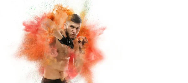 Collage con boxeador MMA masculino profesional en movimiento en explosión de polvo de neón multicolor aislado sobre fondo blanco — Foto de Stock