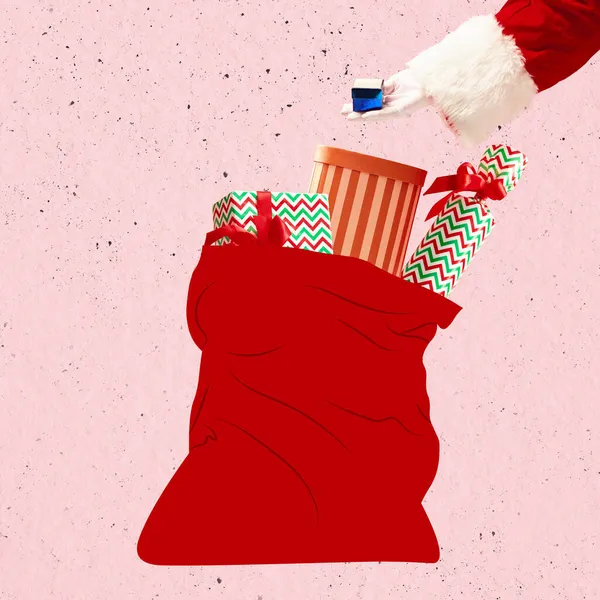 Σχεδιασμός ευχετήριας κάρτας. Αντίληψη των Χριστουγέννων, 2022 Πρωτοχρονιά, χειμερινή διάθεση, διακοπές. Τεράστια κόκκινη τσάντα με δώρα. — Φωτογραφία Αρχείου