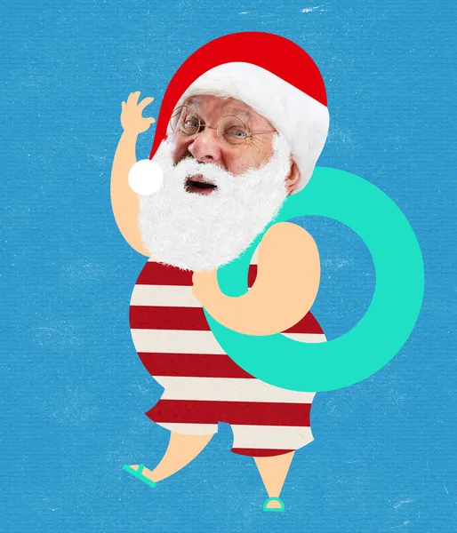 Funny cartoon Santa Claus celebrates New Year and Christmas holidays in exotic, tropical countries. Winter vacations. Contemporary art work — Stock Photo, Image