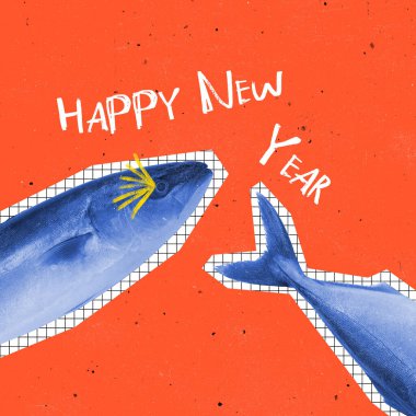 Çağdaş sanat kolajı. Tebrik kartı için modern tasarım. Mutlu Noeller, 2022 Yeni Yıl. Mavi balık, mutlu yıllar.