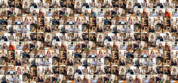 Collage made of portraits of multiethnic people, businessmen at office area, indoors. Business, education, teamwork, work, finance, tech concept.