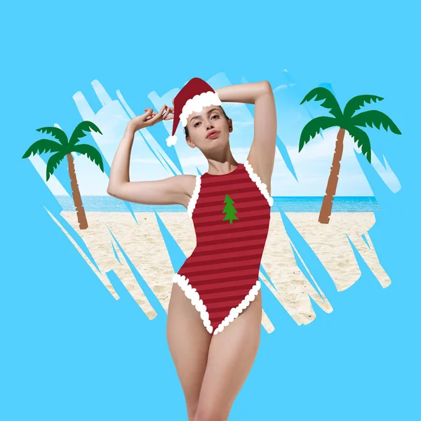 Collage d'art contemporain. Composition avec jeune femme en maillot de bain de Noël blanc-rouge. Vacances d'hiver dans les pays exotiques. — Photo