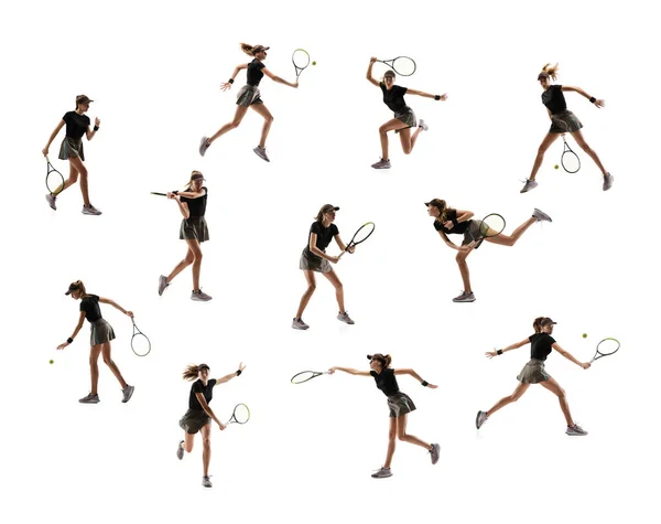 Sviluppo dei movimenti. Collage composto da immagini di tennista professionista con racchetta in movimento, azione isolata su sfondo bianco. — Foto Stock