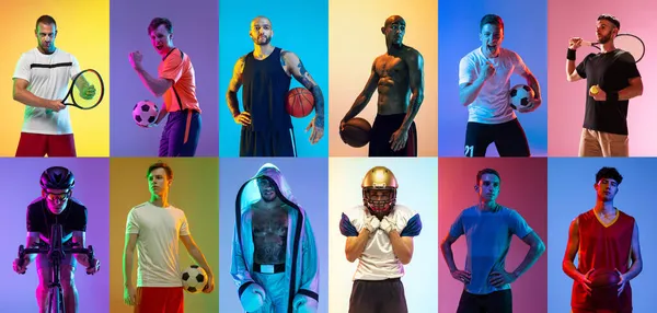Collage di diversi sportivi professionisti, si adattano persone isolate su sfondo colore. Volantino. — Foto Stock