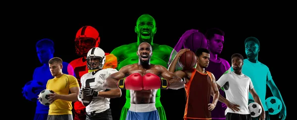Спортивный коллаж. Боксеры, теннисисты, футболисты и баскетболисты стоят вместе, как спортивная команда, изолированная на черном фоне с эффектом скольжения. — стоковое фото