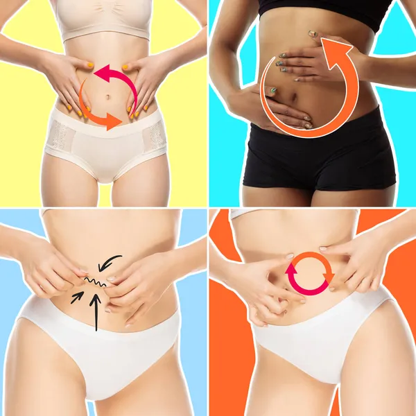 Vientres femeninos con flechas tiradas. Perder grasa, liposucción y el concepto de eliminación de celulitis. Problema metabólico bueno y rápido. Collage. —  Fotos de Stock