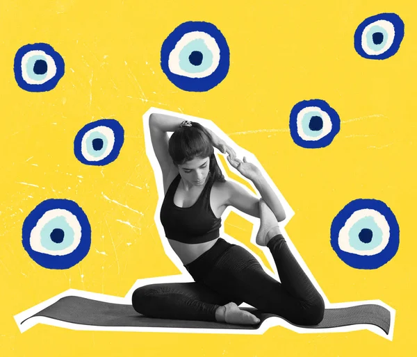 Collage di arte contemporanea di giovane donna sportiva che fa yoga, che si estende su tappeto isolato su sfondo giallo — Foto Stock